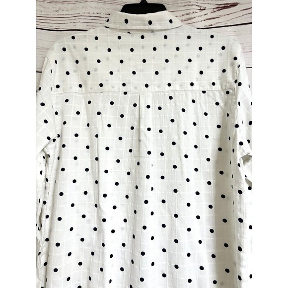 Erika Blouse Long Sleeve Collar Button White‎ Navy Polkadots Side Slits New - Picture 5 of 15